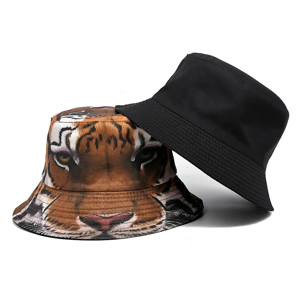 Tiger pattern bucket hat with dome crown in polyester fabric, khaki or black colour options