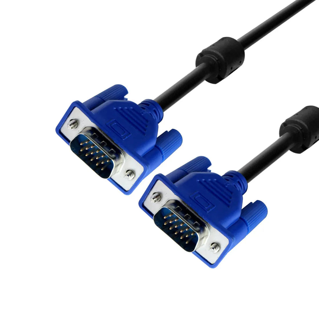 Black 1.5 metre VGA computer monitor cable with blue moulded connectors and nickel-plated terminals