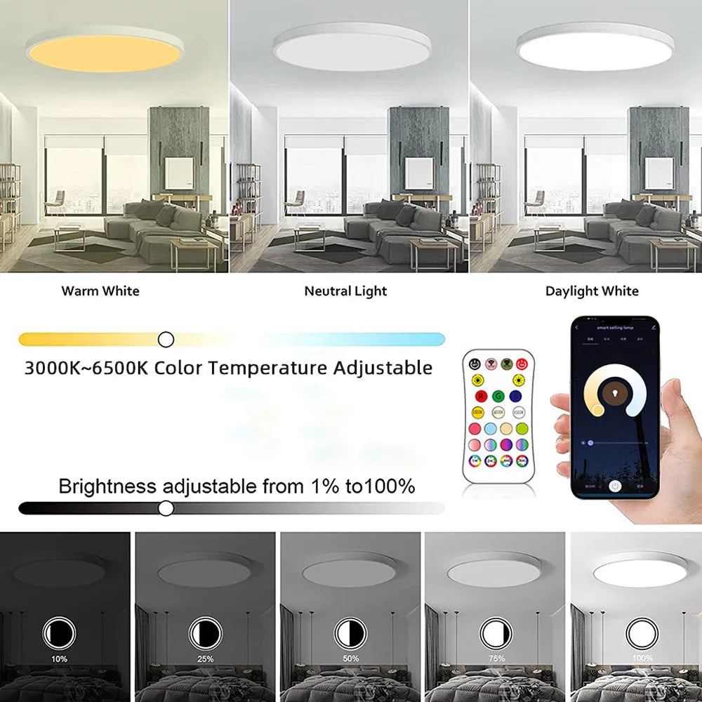 Intelligent RGBCW Bluetooth ceiling lamp in black or white with app control for colour and dimming.