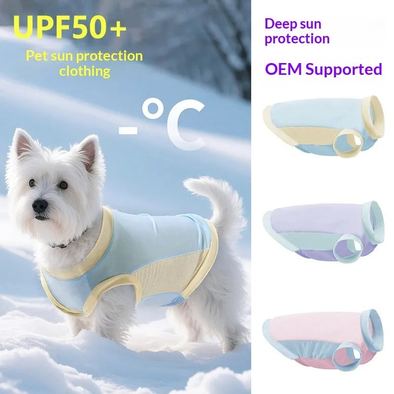 Pet wearing an ice silk sun protection vest in cherry blossom pink, unisex design for cats and dogs, sizes XS to XXL