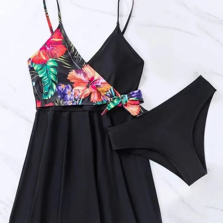 Women's black high waist briefs printed split bikini for athletic activities