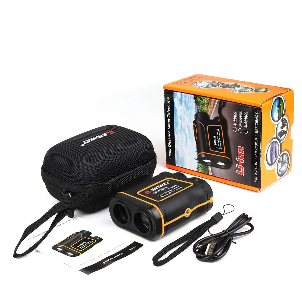 Handheld golf laser rangefinder distance meter showing LCD display with measurement readings