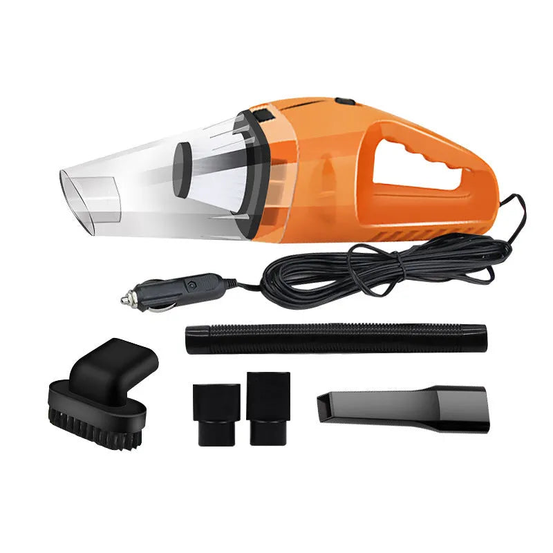 Orange 12V handheld car vacuum cleaner with nozzles on a car seat