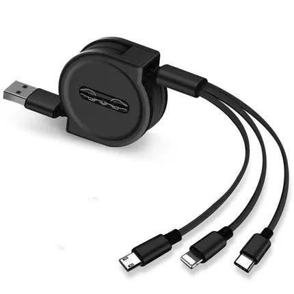 3 in 1 telescopic charging cable with 120 cm TPE cable and titanium alloy connectors in multiple colours