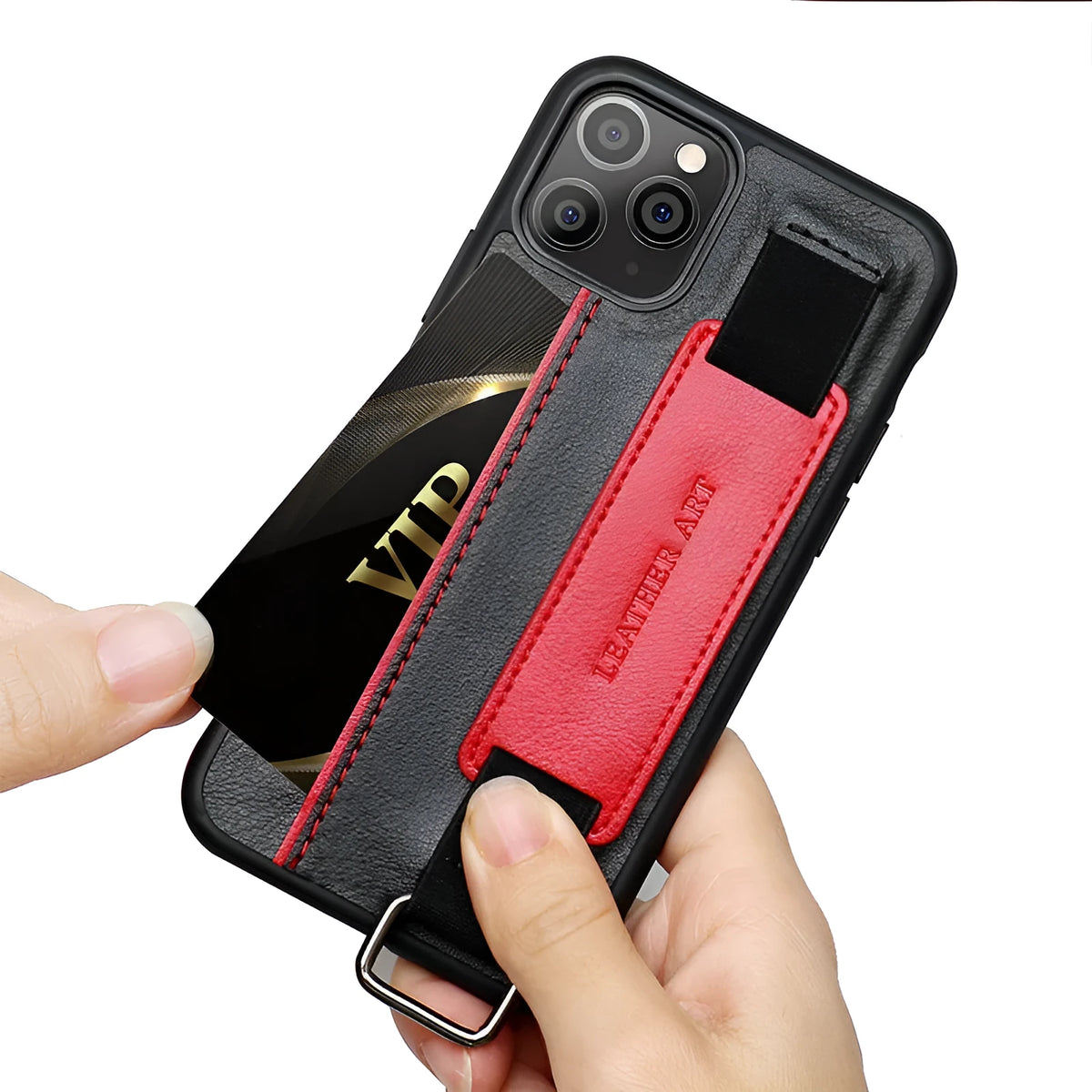 Brown imitation leather iPhone case with wrist strap and bracket in wallet style