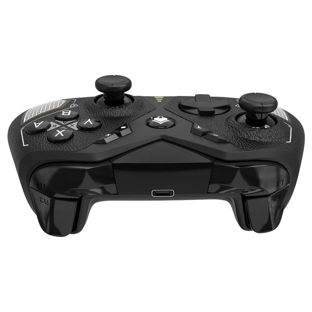 Black wireless game controller with leather-textured grips for Nintendo Switch gaming