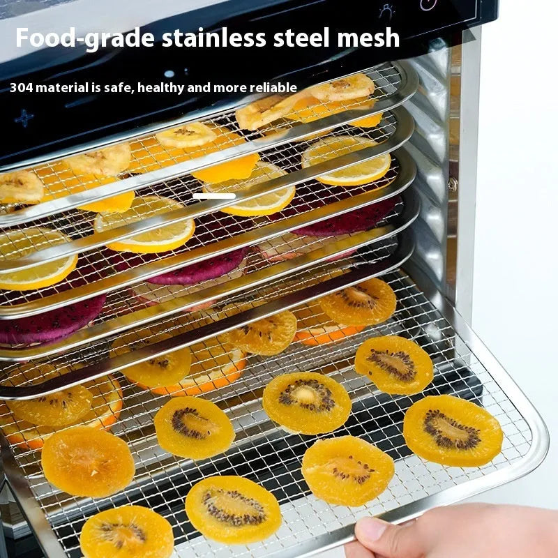 Stainless steel fruit dehydrator with multiple drying trays and LED control panel