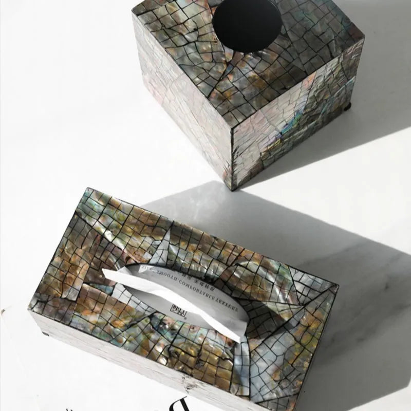 Black shell tissue box storage container with removable organisation tray on wooden table