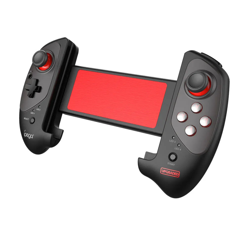 Red telescopic Bluetooth gamepad controller extended with a phone inserted, showing USB cable.