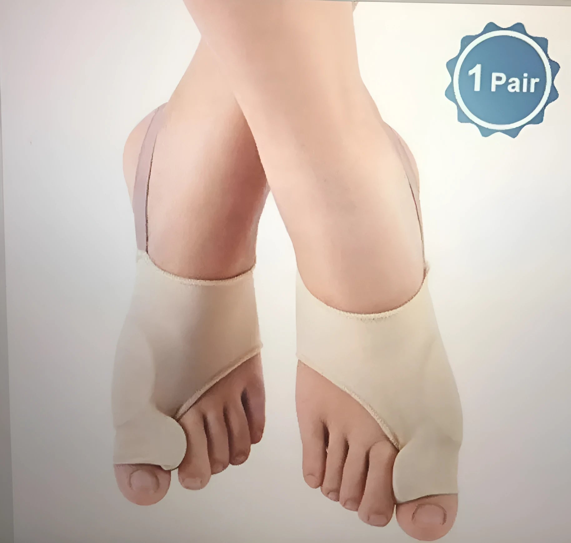Corrective bunion relief sock with gel pad and silicone toe separator on a foot.