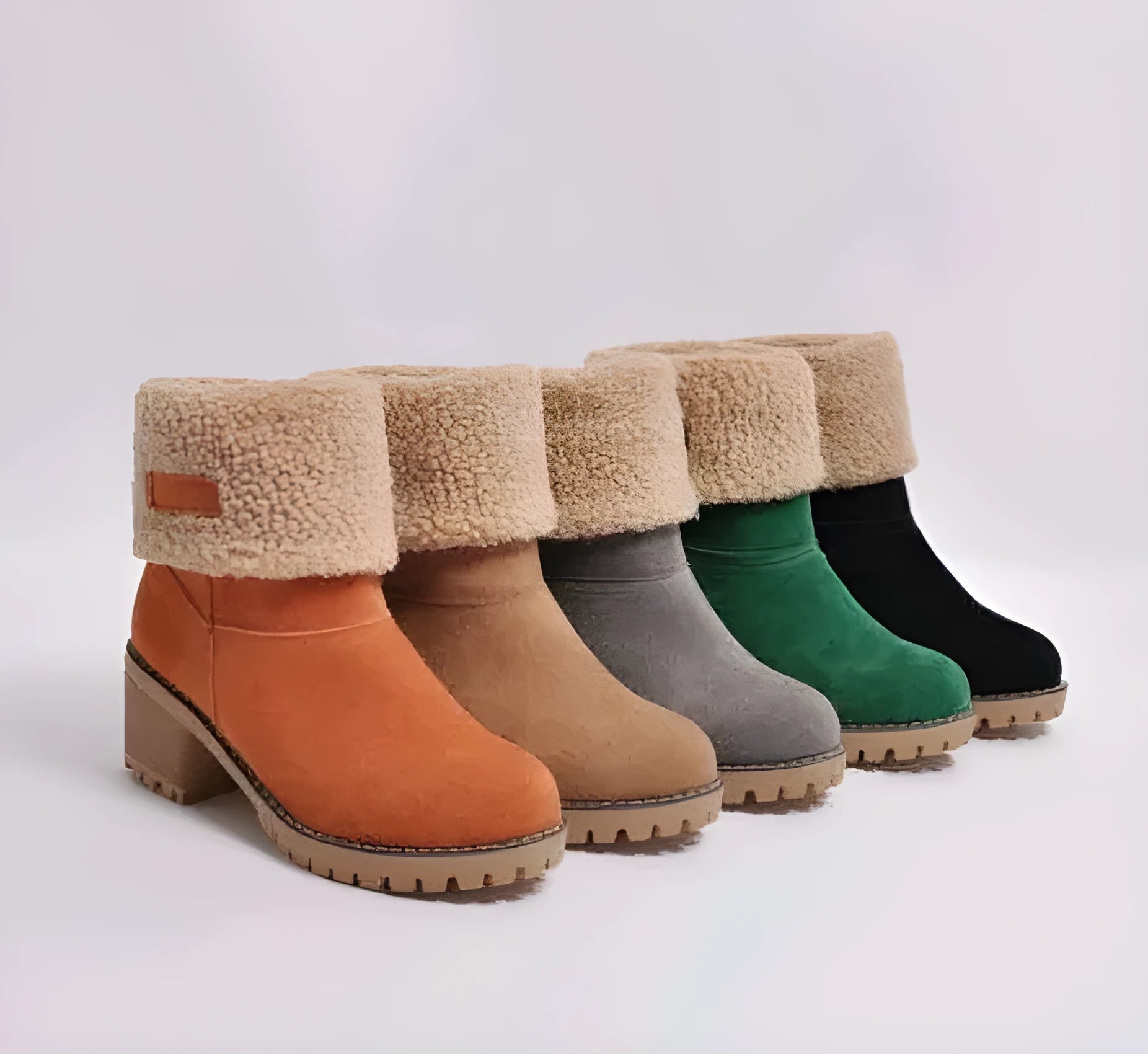 Women's mid-calf suede snow boots with a thick low heel in five colour options on a white background.