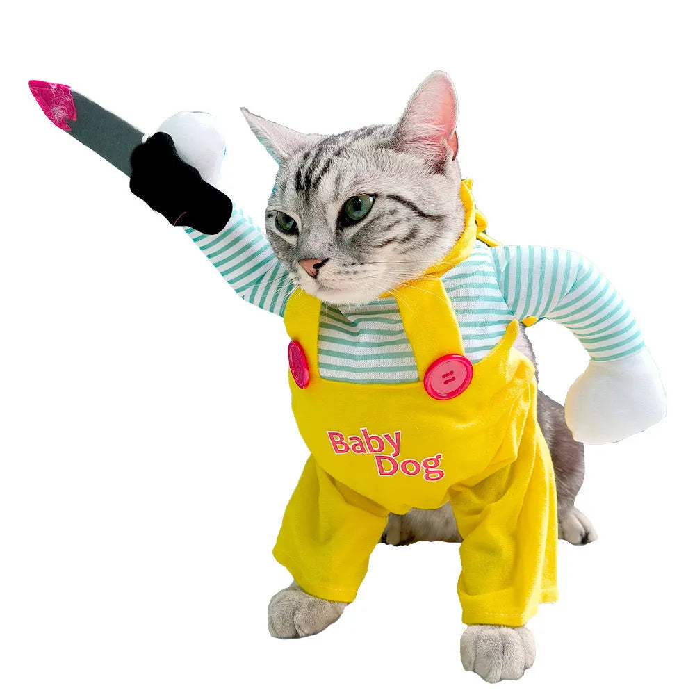 Yellow sword assassin costume for a cat, made from polyester fabric.