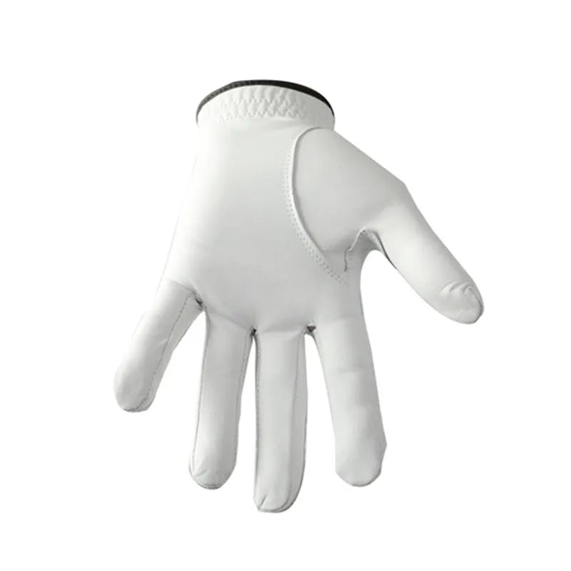 White men's golf glove with half sheepskin palm and non-slip grip design