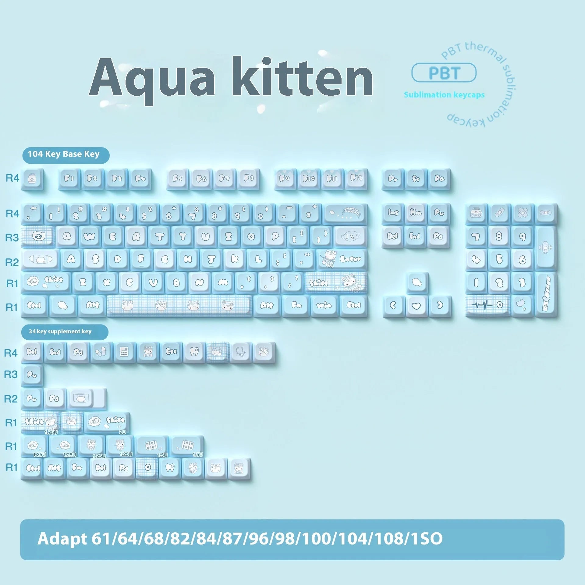 Custom watercolour cat design mechanical keyboard keycap set in PTB material, showing colourful artwork.