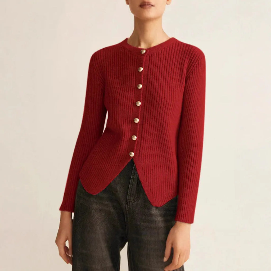 Yuan collar cardigan sweater in solid red colour, loose fit, on a hanger