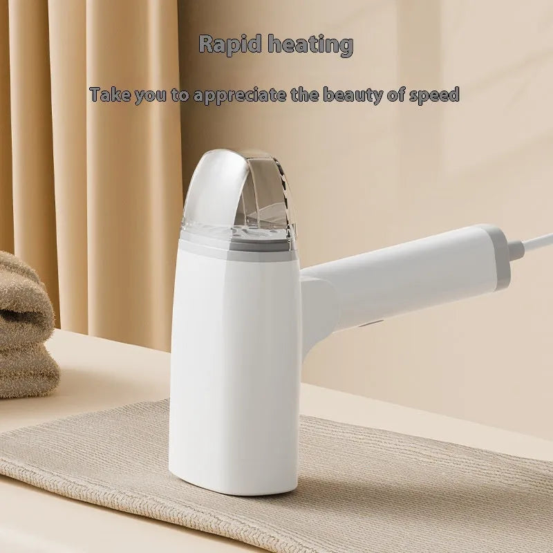Blue or white handheld garment steamer with compact design and mechanical controls