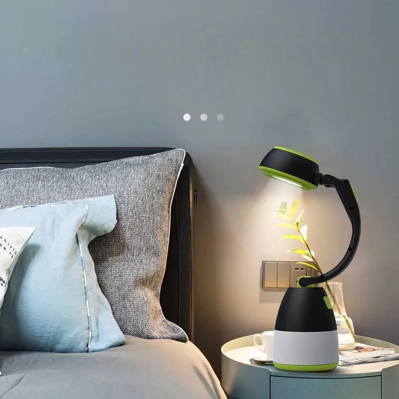 Black green 3-in-1 multifunctional LED table lamp with adjustable head and USB charging port.