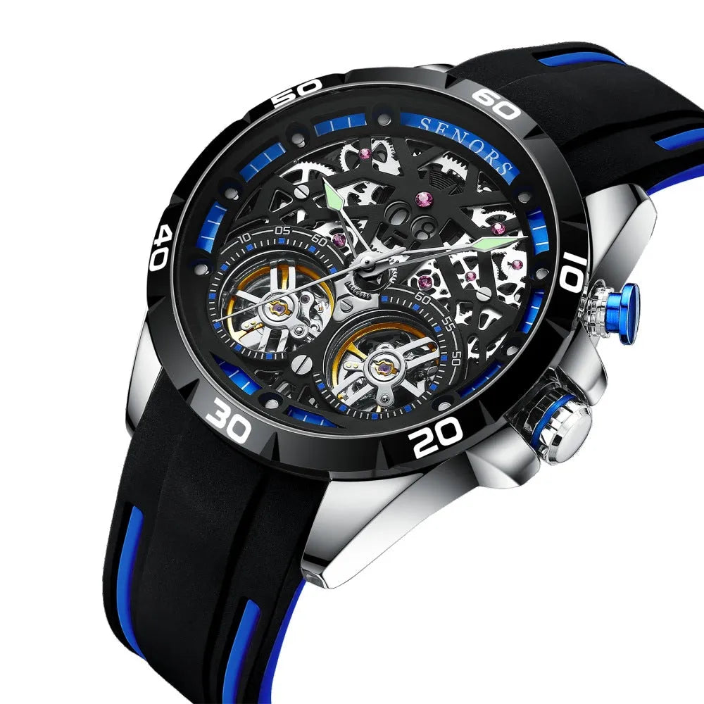 Automatic mechanical men's watch with luminous skeleton dial in business style, showing internal movement components