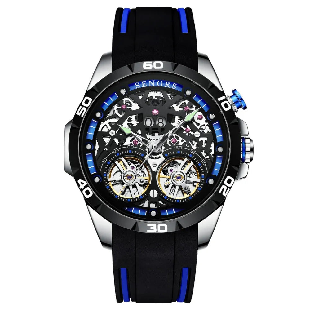 Automatic mechanical men's watch with luminous skeleton dial in business style, showing internal movement components