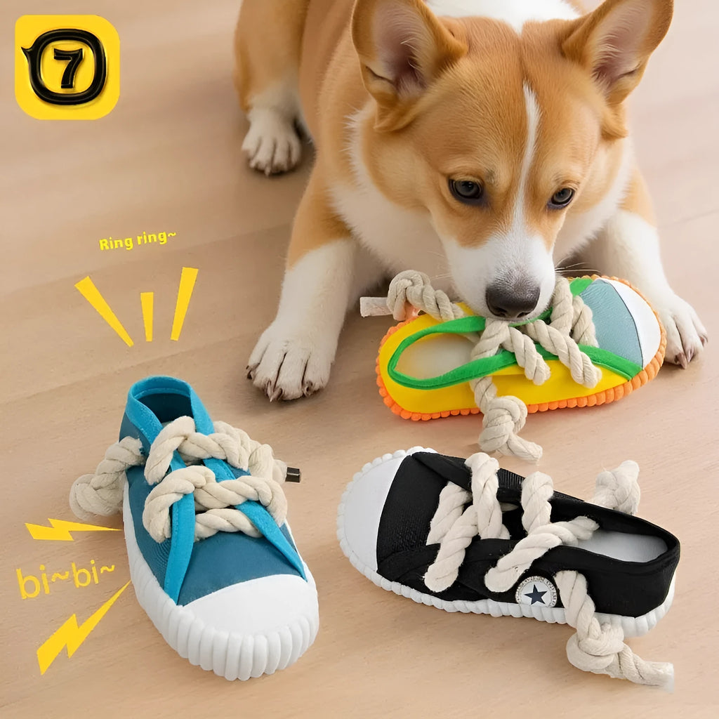 Sound slippers dog toy with self-hi relieving movement and molar chewing texture in plastic construction