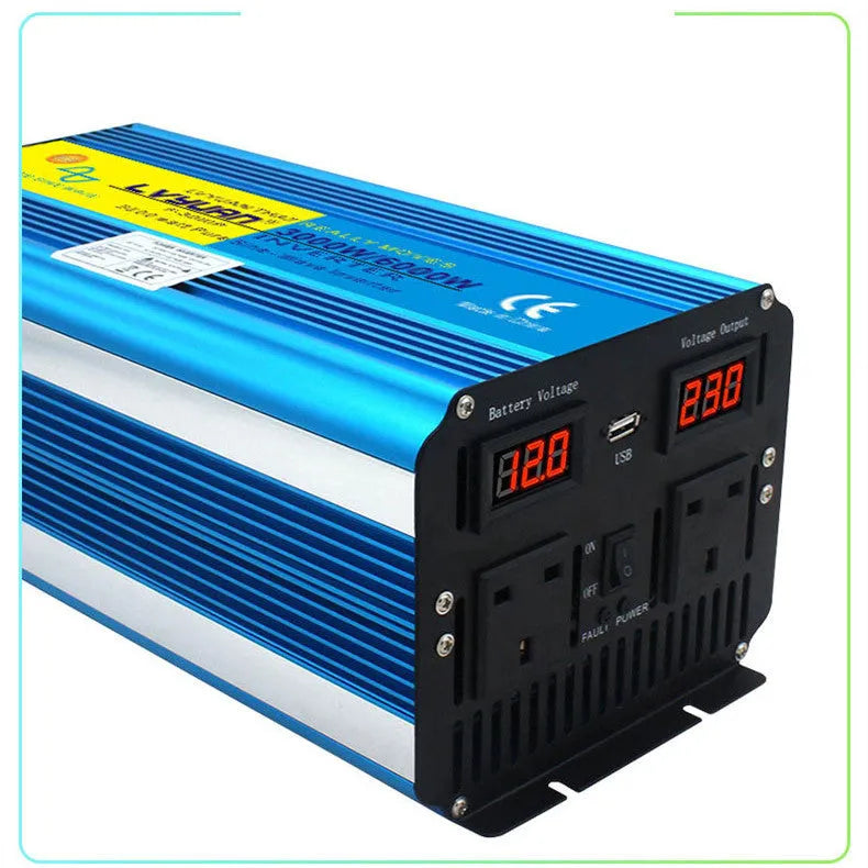Blue 3000W pure sine wave power inverter with digital displays and remote control for car 12V to 220V conversion