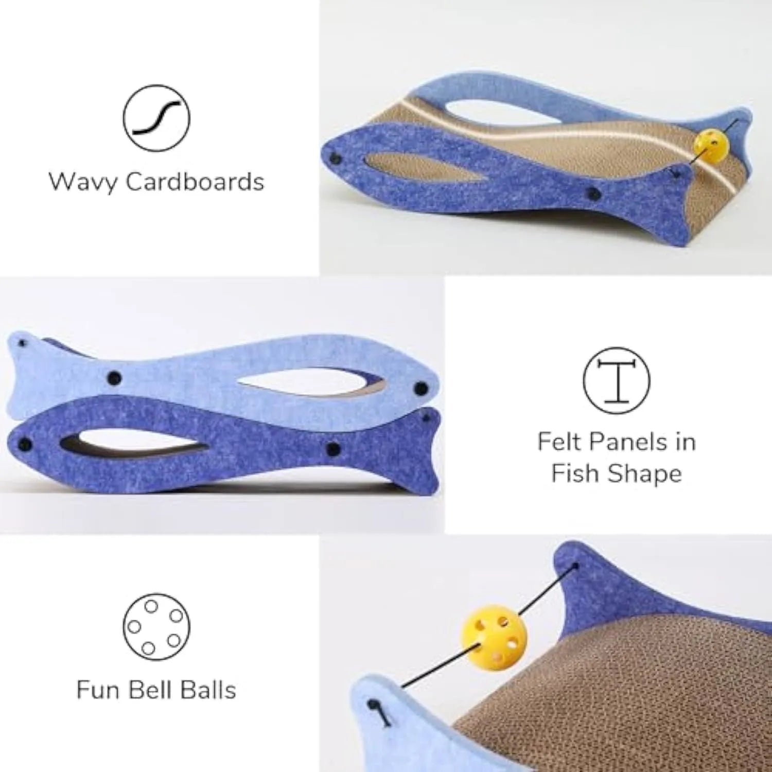 Blue fish-shaped cardboard cat scratcher with a bell toy on a string, shown on a flat surface.