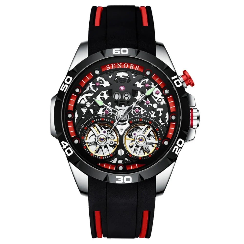 Automatic mechanical men's watch with luminous skeleton dial in business style, showing internal movement components