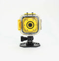 Yellow children's waterproof sports camera showing 1.77-inch screen and compact 60mm size