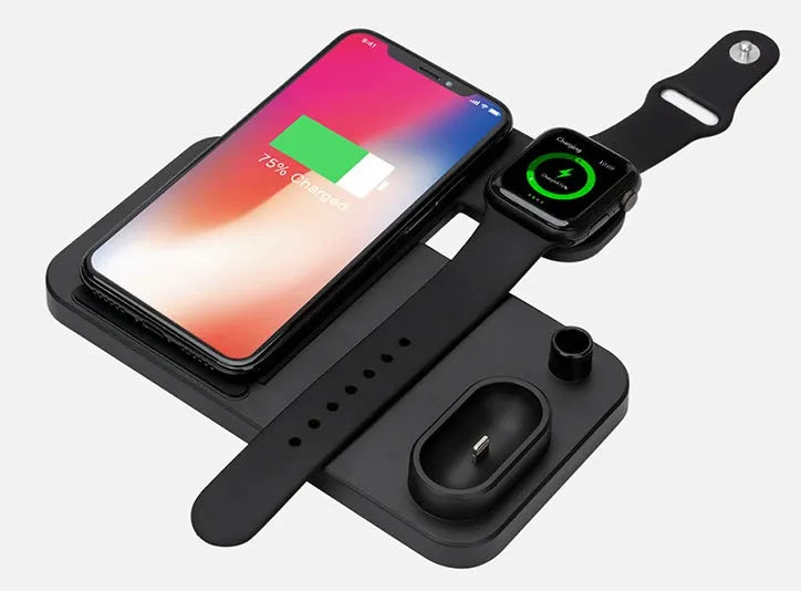 4-in-1 wireless charging station showing phone, Apple Watch, and AirPods charging on adjustable magnetic stand.