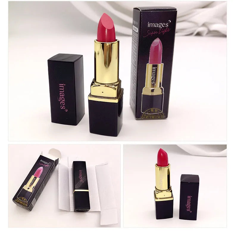 Moisturising lipstick lip gloss in a case showing colour range including coral red and pink.