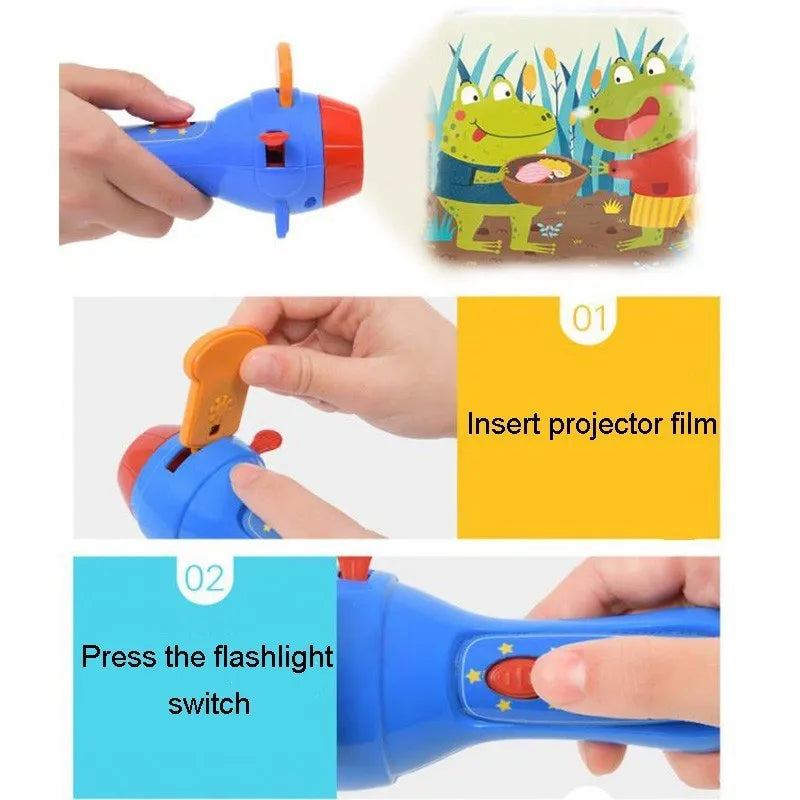 SmartKids children's story projector torch with four fairy tale projection discs showing castle and character images
