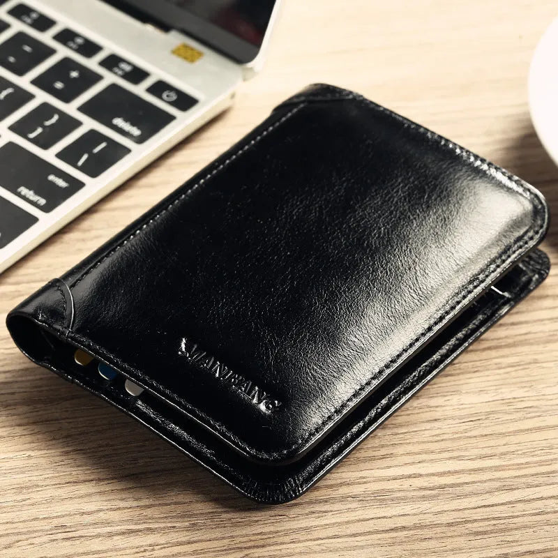 Men's black and coffee brown leather wallet open to show multiple internal card slots, note pocket, and coin compartment.