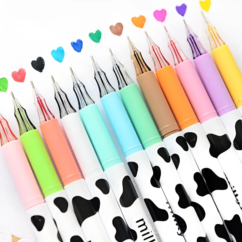 Cow-pattern gel pen set showing 12 different coloured pens with 0.38mm tips