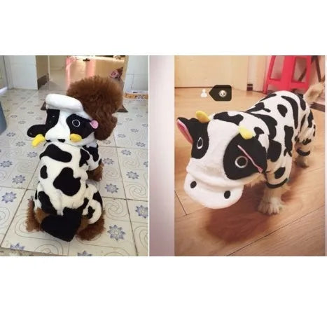 White cow costume hooded pet coat for dogs and cats, sizes XS to XL, with length and bust measurements