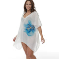 White long sleeve plus size beach cover-up blouse, loose fit kimono style, on a mannequin.