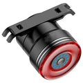 Black aluminium alloy smart brake sensing USB charging bicycle taillight showing dimensions