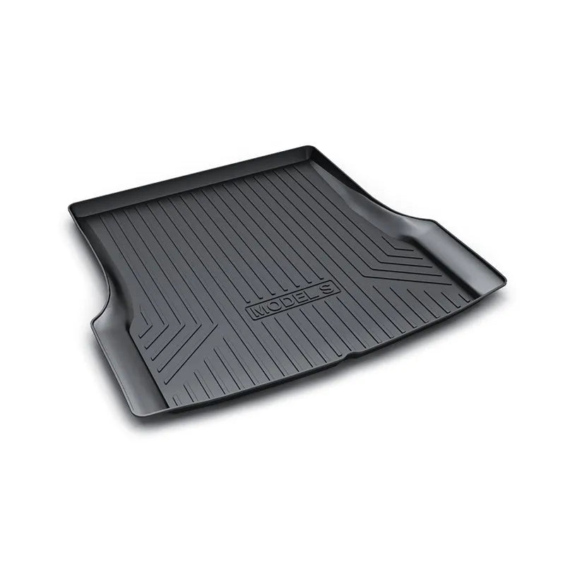Custom fit rubber and TPE floor mats for Tesla Model 3 Model Y Model S Model X 2023 showing trunk and footwell coverage