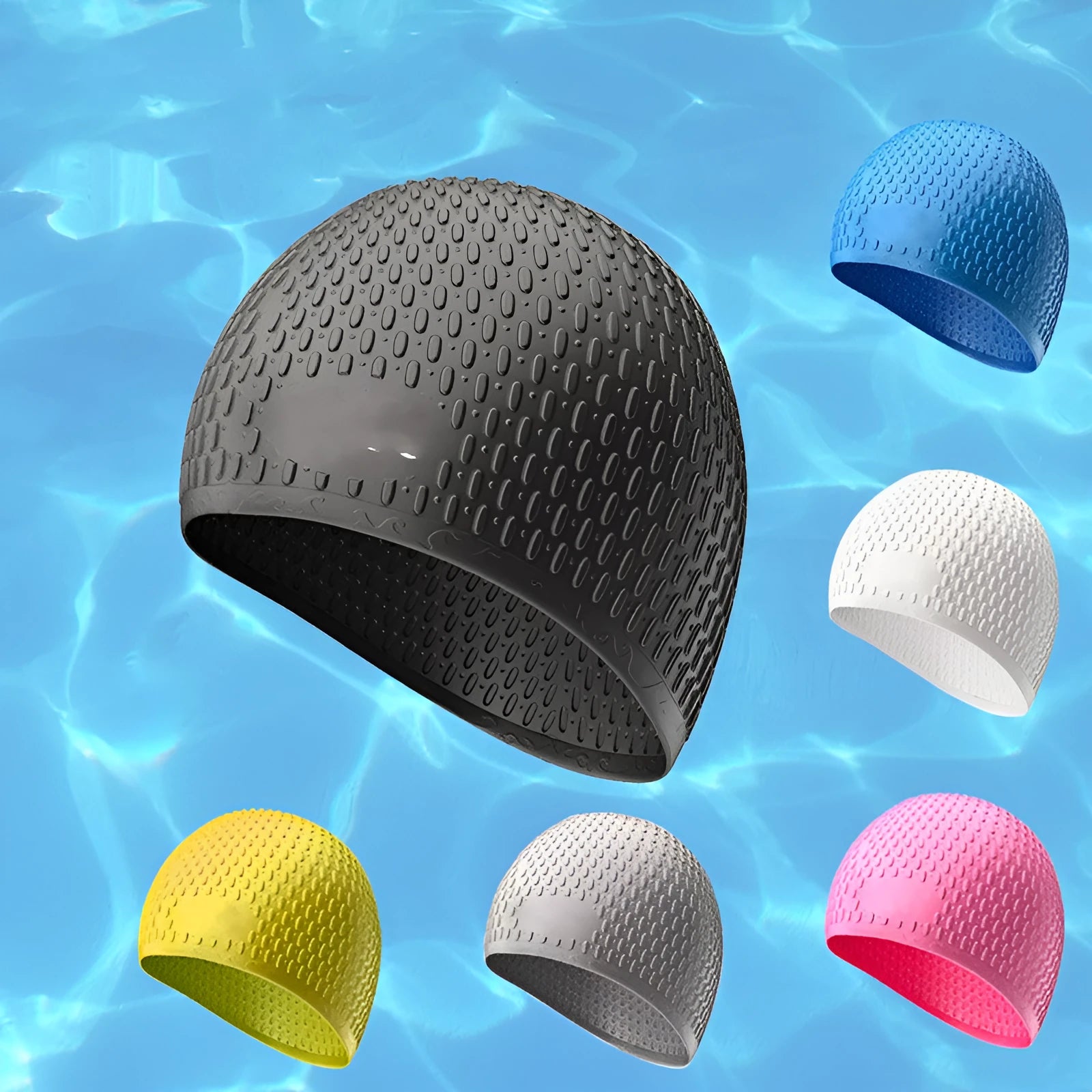 Solid colour silicone swimming cap for adults shown in various colours including Tiffany Blue and Matcha Green.