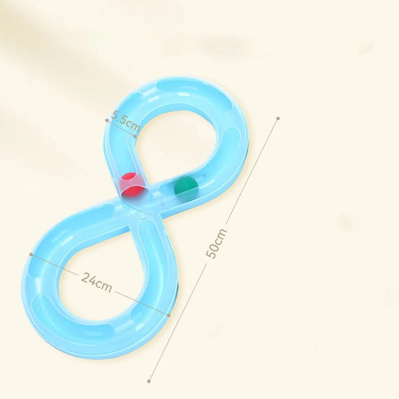 Blue and white cat turntable track ball toy with rotating ball stick for self-play.