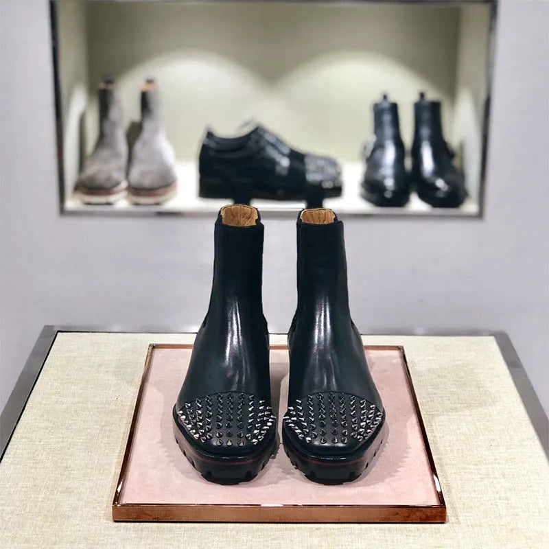 Men's black leather high-top business casual shoes with a leather sole.