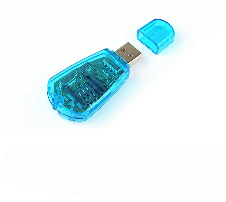 Blue external USB SIM card reader for backing up mobile phone contacts and messages.