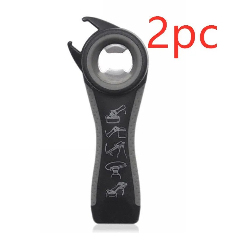 5 in 1 stainless steel can opener and bottle opener, 14.5 cm, with PP handle in black, green, purple, or white