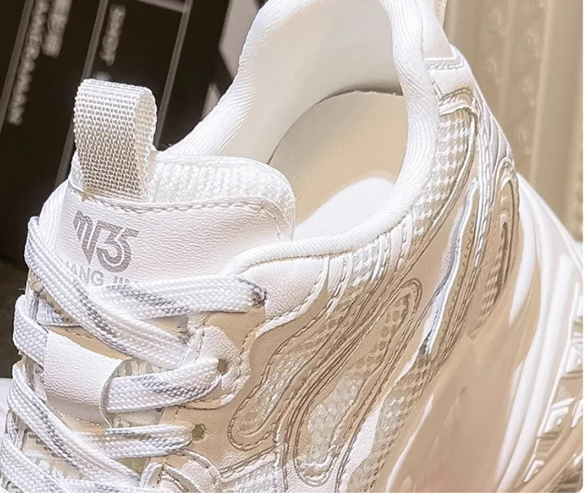 Women's white height increasing dad shoes with lace-up closure and round toe design