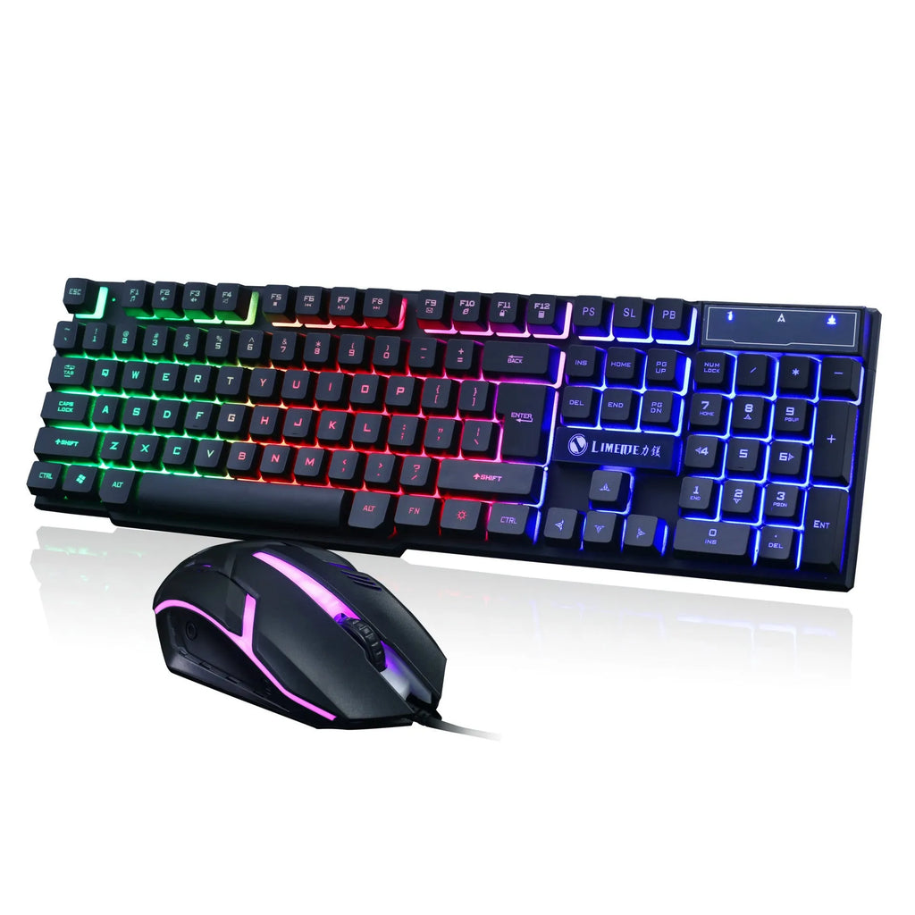 Limei GTX300 USB wired gaming keyboard and mouse set with RGB backlight on black keyboard