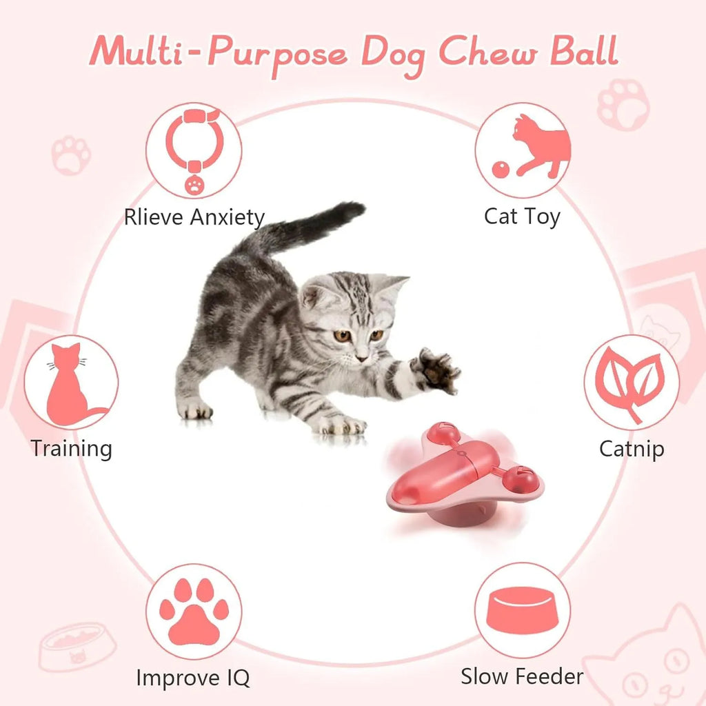 Blue interactive pet puzzle feeder toy with bell, catnip pouch, and central snack cabin on a floor.