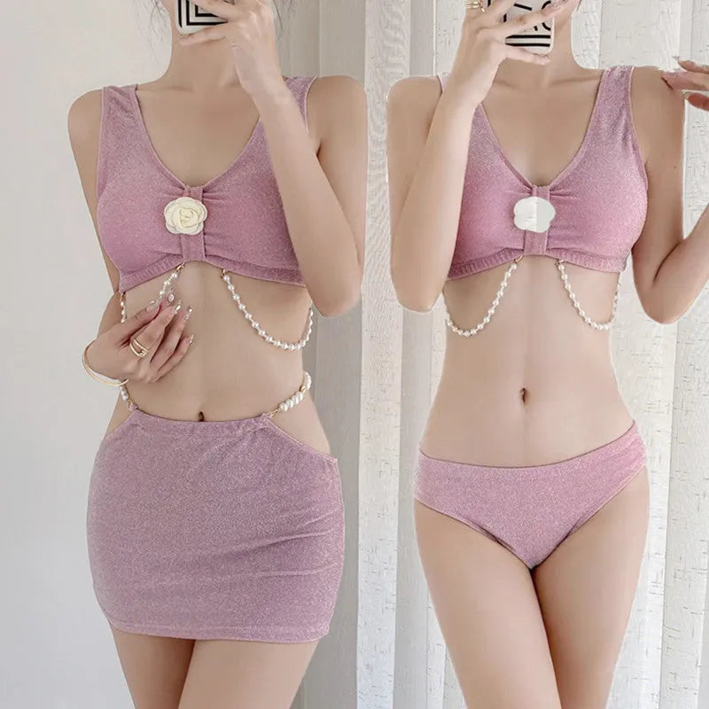 Women's bear vacation print three-piece polyester bikini set in pink or black colours