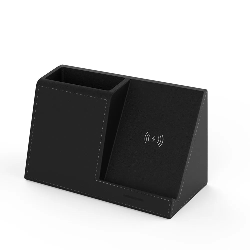 Leather wireless charging station with integrated pen holder compartment for desk organisation