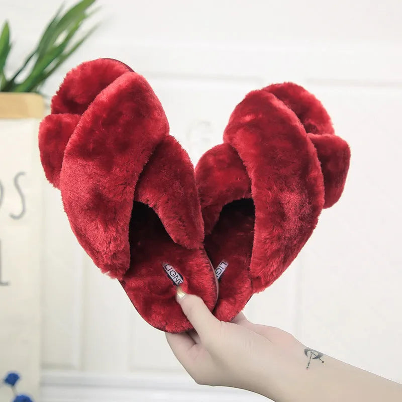 Cross open-toe fur slippers showing open-toe design and patterned non-slip sole
