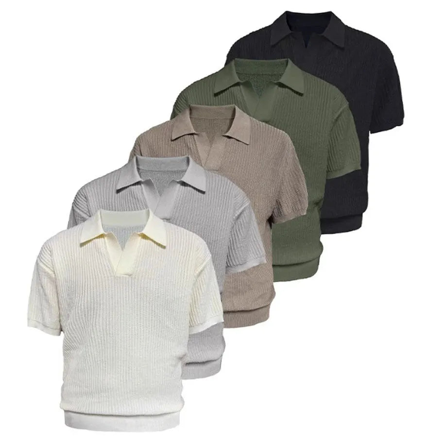 Men's striped polo shirt in ice silk fabric showing loose fit and short sleeves in creamy-white colour