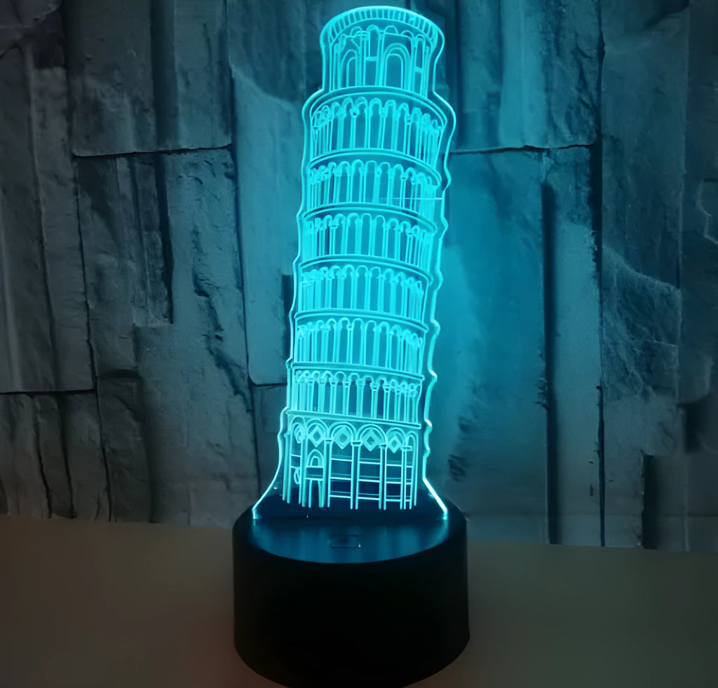 Leaning Tower of Pisa 3D acrylic nightlight with colour-changing LEDs on a black base